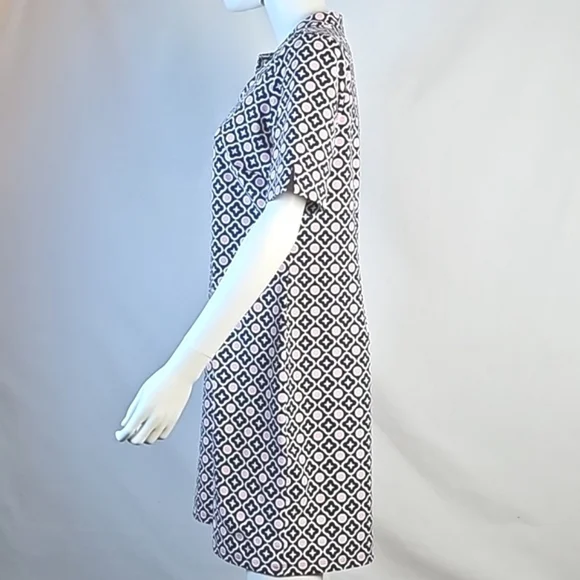 Talbots Navy & Pink Geometric Print Split Mockneck Short Sleeve Shift Dress - Picture 12 of 16